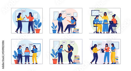 Diverse Women in Collaborative Office Settings, Engaging in Discussions and Teamwork