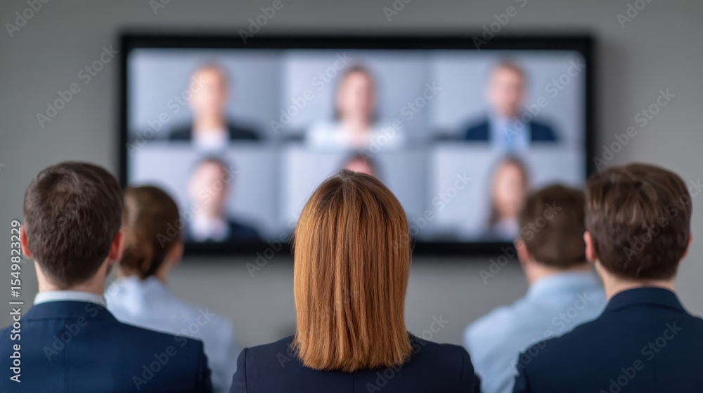 A group of professionals watches a large screen displaying a video conference with multiple participants. A group of professionals watches a large screen displaying a video conference with multiple participants.