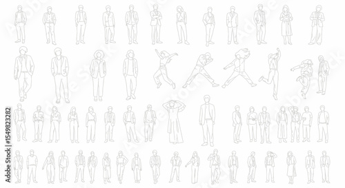 Line Art Illustration of Diverse People in Various Poses on White Background