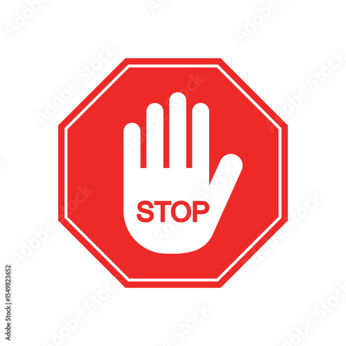 Red octagon stop sign with a white hand and the word "STOP" in the center. Symbol of warning, restriction, or prohibition. Ideal for traffic, caution, and safety-related designs.