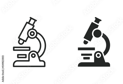 Two simple flat design icons of a microscope in black and white