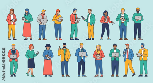 Diverse Group of Stylized People Holding Devices, Vector Illustration.