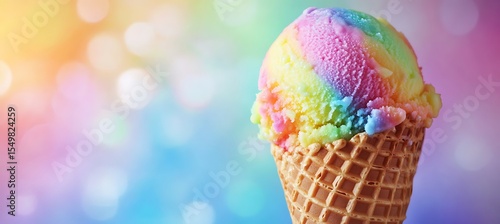 A colorful scoop of rainbow sherbet in a waffle cone