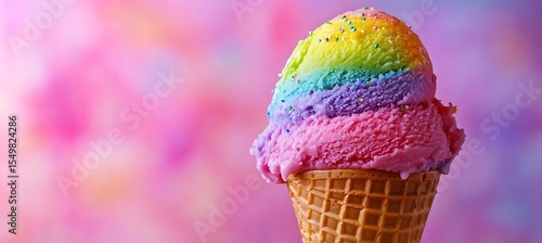 A colorful scoop of rainbow sherbet in a waffle cone