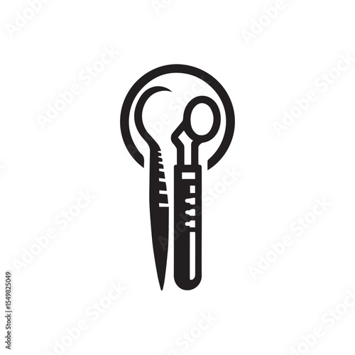 Silhouette of dental scraper and mirror vector on a white background. Dental logo icon	