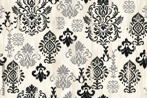 Traditional seamless ikat floral pattern with damask embroidery motifs in vintage abstract texture style, decorative ethnic fabric textile background illustration for clothing and home decor.