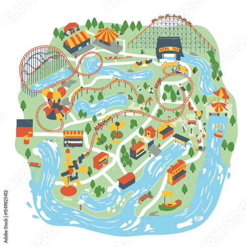 Amusement park map featuring roller coasters water rides and various attractions on a green background