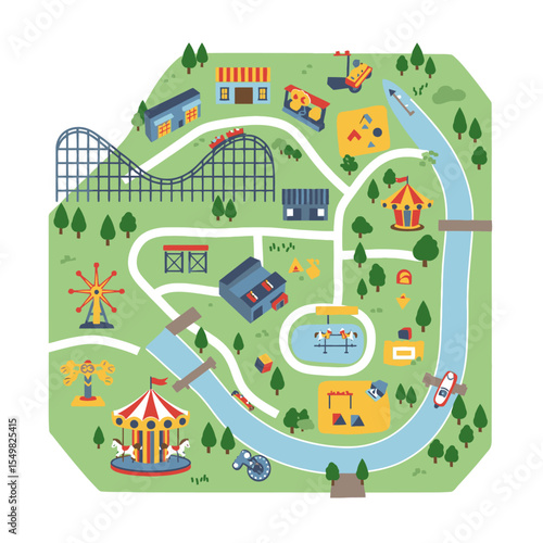 Amusement park map roller coaster Ferris wheel carousel river winding through attractions