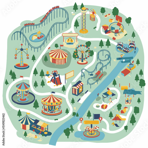Amusement park map with roller coasters carousels and attractions depicted in a cartoonish style