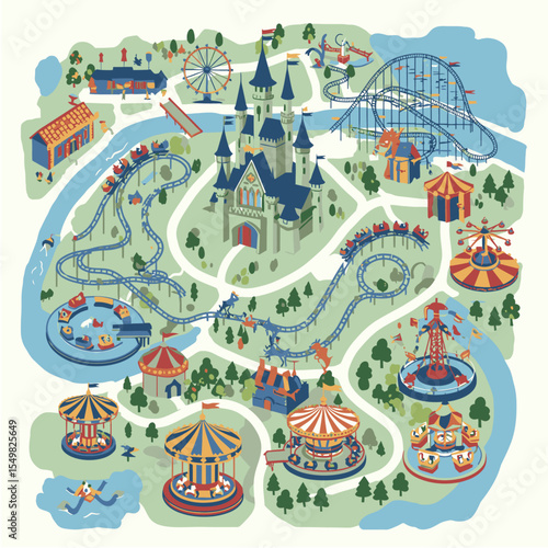 Colorful amusement park map with a castle roller coasters carousels and various rides surrounded by a river