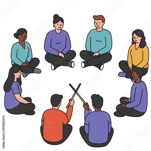 Diverse group in circle 2 with crossed sticks seated  facing center