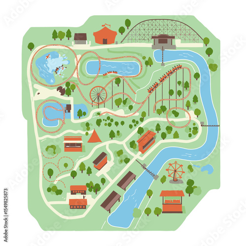 Map amusement park with roller coasters river ferris wheels paths buildings and trees