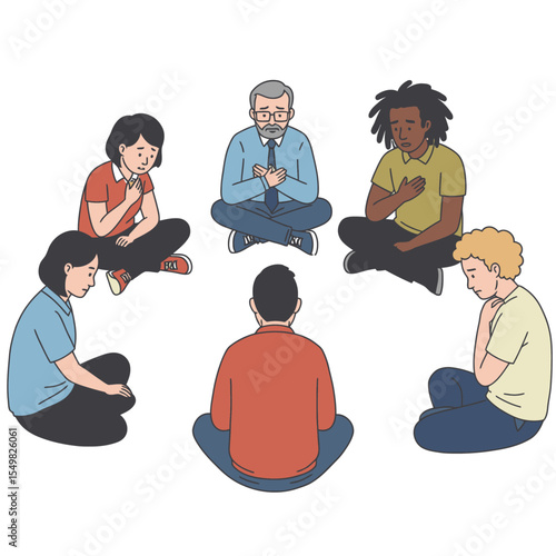 Six people sit crosslegged in a circle each with their hand on their chest heads lowered