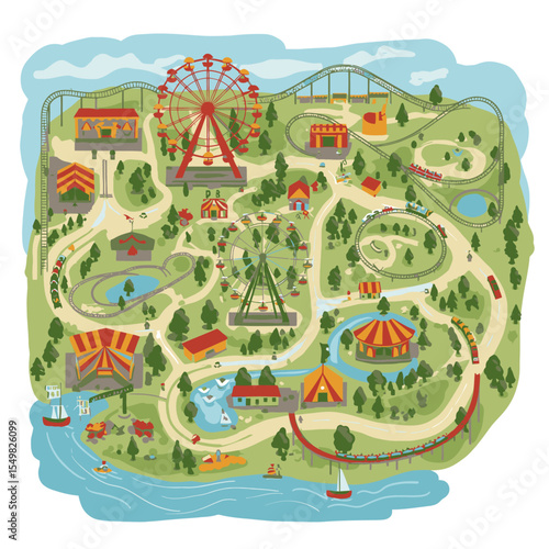 The image shows an amusement park map with rides attractions water features  trees