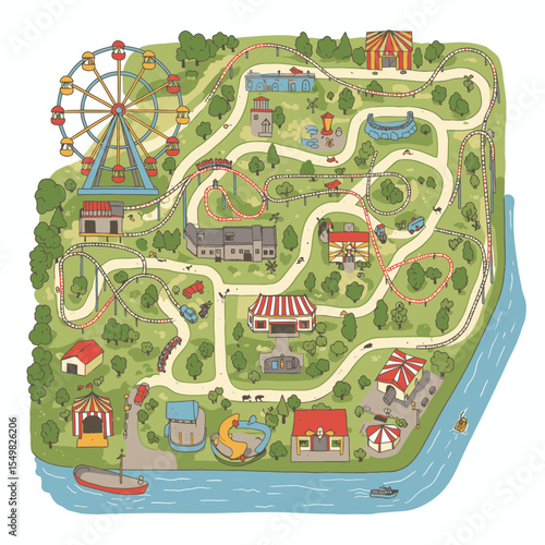 Whimsical map of a park featuring a roller coaster ferris wheel buildings and greenery