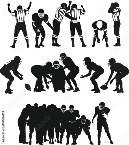 American football silhouettes with players and referee in action black and white vector illustration for sports related design