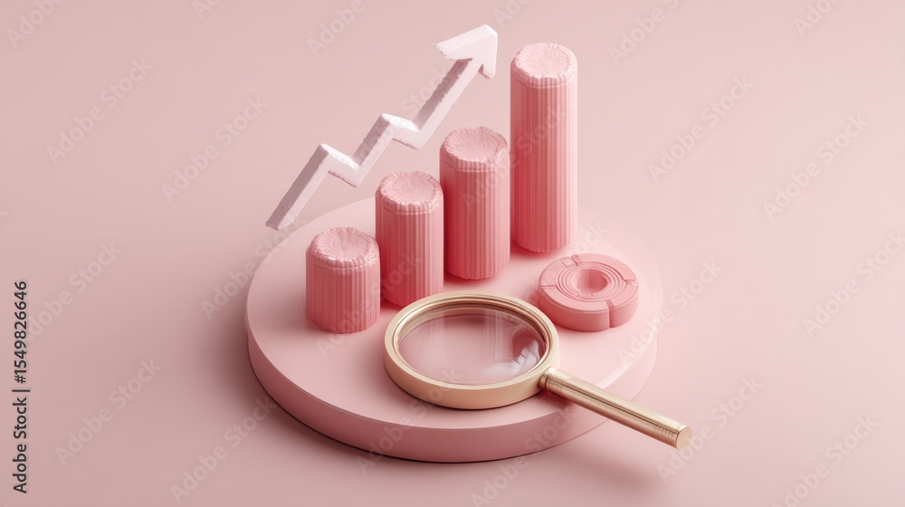 Naklejka premium Pink Growth Chart Analysis with Magnifying Glass