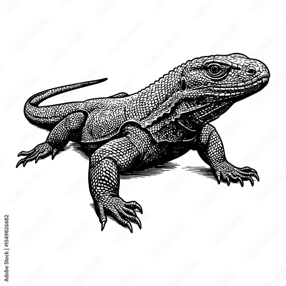Fototapeta premium A Comodo Dragon Full Shot Vintage Engraving Style Reptile Detailed Black and White Outline Line Art Drawing