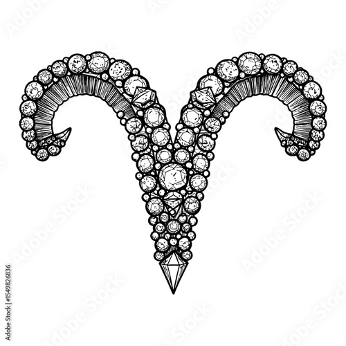 Aries Detailed Zodiac Symbol Made of Diamond in Black and White Outline Line Art Drawing