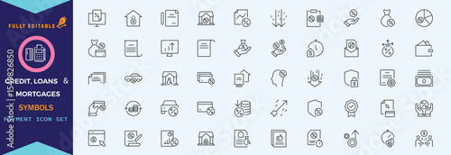 Credit, Loans and Mortgages web icons in outline style. Credit card, deposit, car leasing, rate interest, calculator, income, rating, collection. Editable stroke outline icon