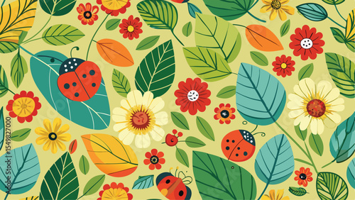 Colorful seamless pattern of cartoon flowers with happy faces leaves and dots on beige background
