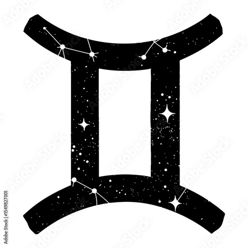 Artistic Gemini Zodiac Symbol with Cosmic Stars Double Exposure Black and White Outline Line Art Drawing