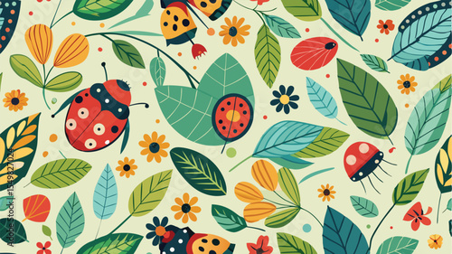 Colorful seamless pattern of cartoon flowers with happy faces leaves and dots on beige background
