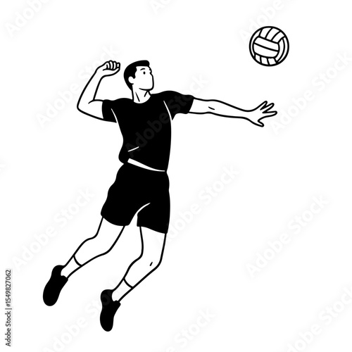 Black and white vector illustration of a volleyball player spiking the ball.