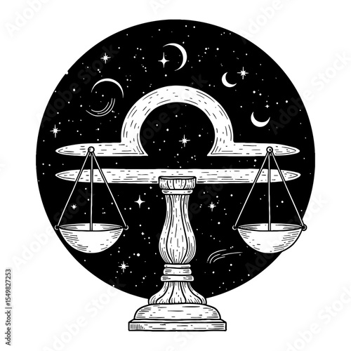 Libra Symbol Scales with Cosmic Stars and Moon Double Exposure Black and White Outline Line Art Drawing