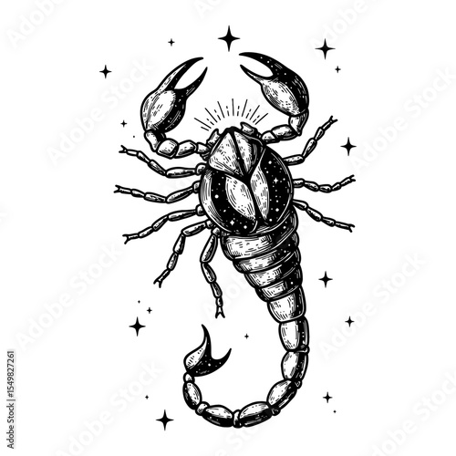 Scorpio Symbol Cosmic Stars Double Exposure Black and White Outline Line Art Drawing Celestial Zodiac