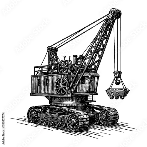 Detailed Vintage Steam Powered Crane Heavy Industrial Machine Black and White Outline Line Art Drawing