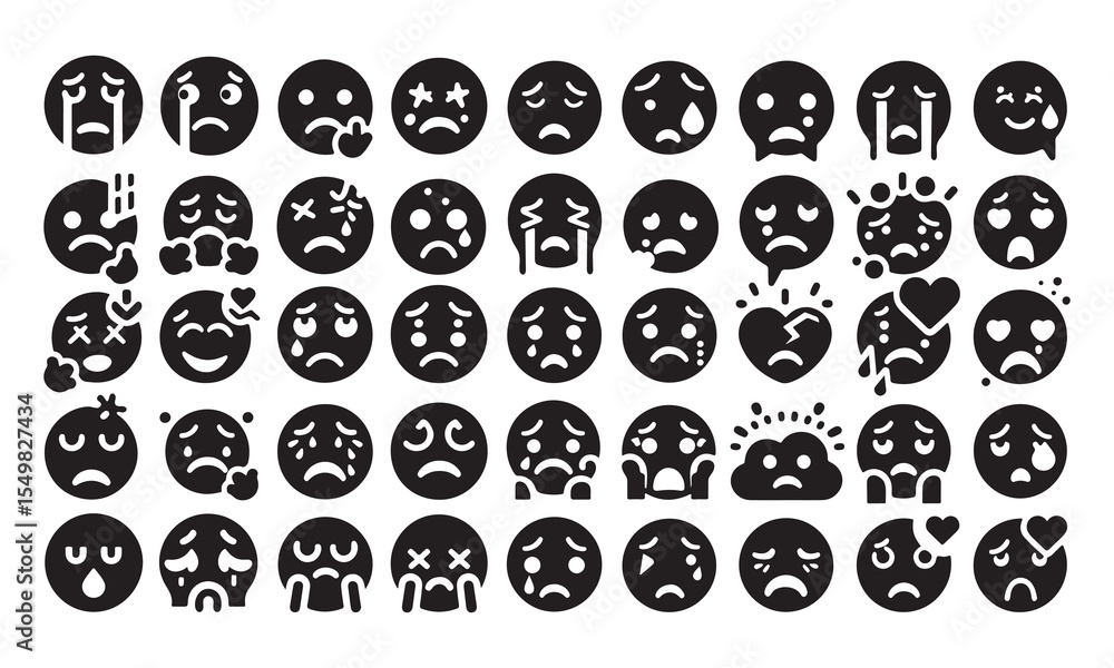 Set of sad emoji silhouette icon simple emotion, feeling, expressing symbols vector illustration 