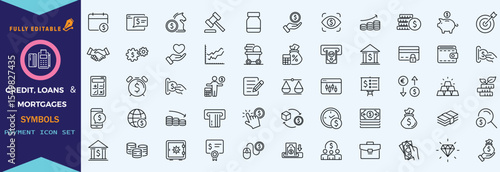 Credit, Loans and Mortgages web icons in outline style. Credit card, deposit, car leasing, rate interest, calculator, income, rating, collection. Editable stroke outline icon