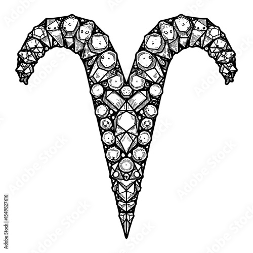 Ornate Aries Zodiac Symbol Made of Intricate Detailed Diamond Gemstones Black and White Outline Line Art Drawing