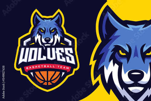 Wolf Basketball Club Logo for Sports Team and Tournament. E sports Mascot Logo Vector Illustration