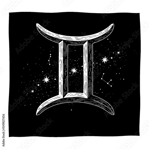 Intricate Gemini Zodiac Symbol with Cosmic Stars Double Exposure Black and White Outline Line Art Drawing