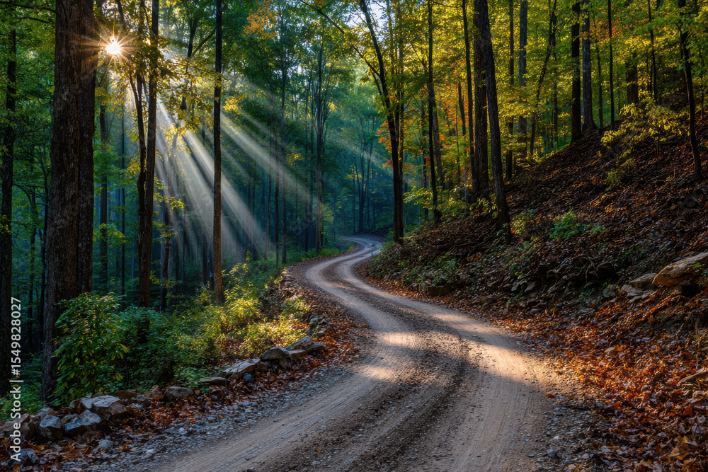 Fototapeta premium Winding trail meandering through a sunlit forest setting