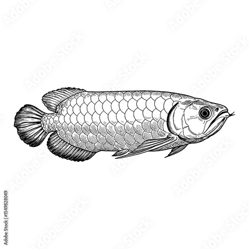 A Long Arowana Fish Detailed Black and White Outline Line Art Drawing Side View Isolated Animal