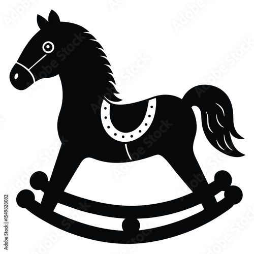 Classic black silhouette of a rocking horse toy on white background