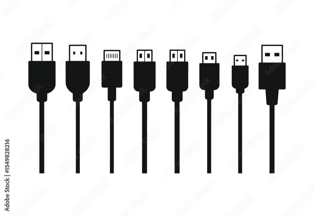 Collection of various usb and hdmi cable connectors in black silhouette on white background Collection of various usb and hdmi cable connectors in black silhouette on white background