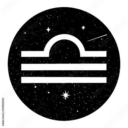 Libra Zodiac Symbol Scales with Cosmic Stars Night Sky Double Exposure Black and White Outline Line Art Drawing