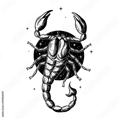 Scorpio Zodiac Symbol with Cosmic Stars Double Exposure Black and White Outline Line Art Drawing