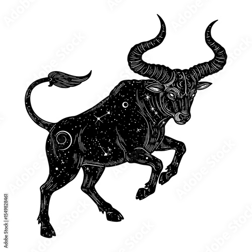 Taurus Zodiac Sign Bull with Cosmic Stars Double Exposure Black and White Outline Line Art Drawing