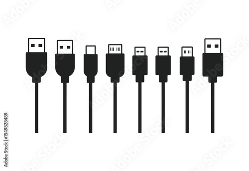 Collection of black usb and other cable connectors on a white background