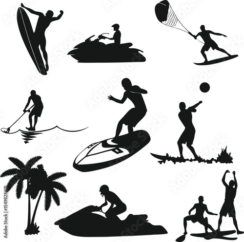 Collection of silhouettes depicting summer water sports activities including surfing jet skiing and stand up paddle boarding