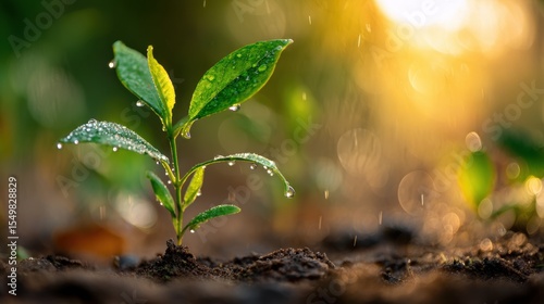 A small plant sprouts from the earth, glistening with water droplets under sunlight.