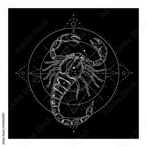 Intricate Scorpio Symbol with Cosmic Stars Double Exposure Mystical Astrological Black and White Outline Line Art Drawing