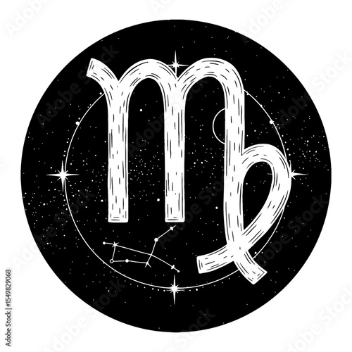 Virgo Zodiac Symbol with Cosmic Stars Double Exposure Black and White Outline Line Art Drawing