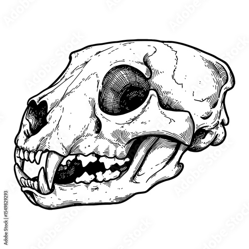 Detailed Cheetah Skull Side View Black and White Outline Line Art Drawing with Animal Bones and Sharp Teeth