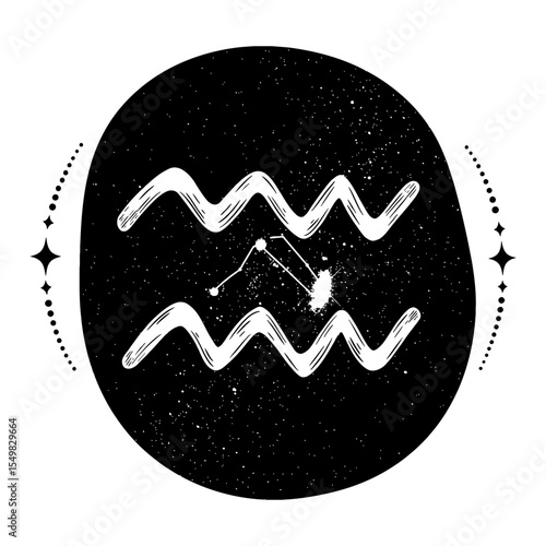 Aquarius Symbol with Cosmic Stars Double Exposure Black and White Outline Line Art Drawing Zodiac Sign